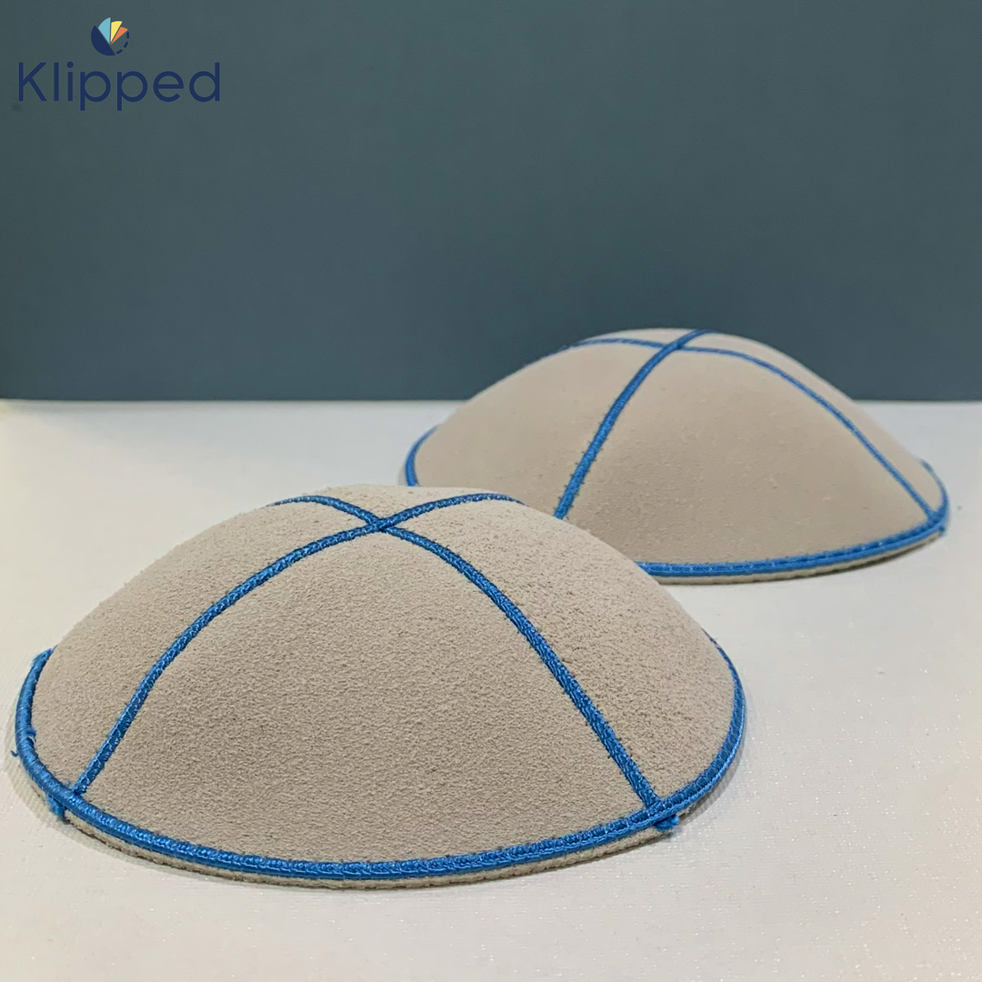 Light Grey with Blue details Suede Kippah